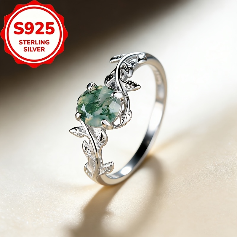Women's S925 Silver Round Four-Claw Water Grass Agate Ring, Light Luxury